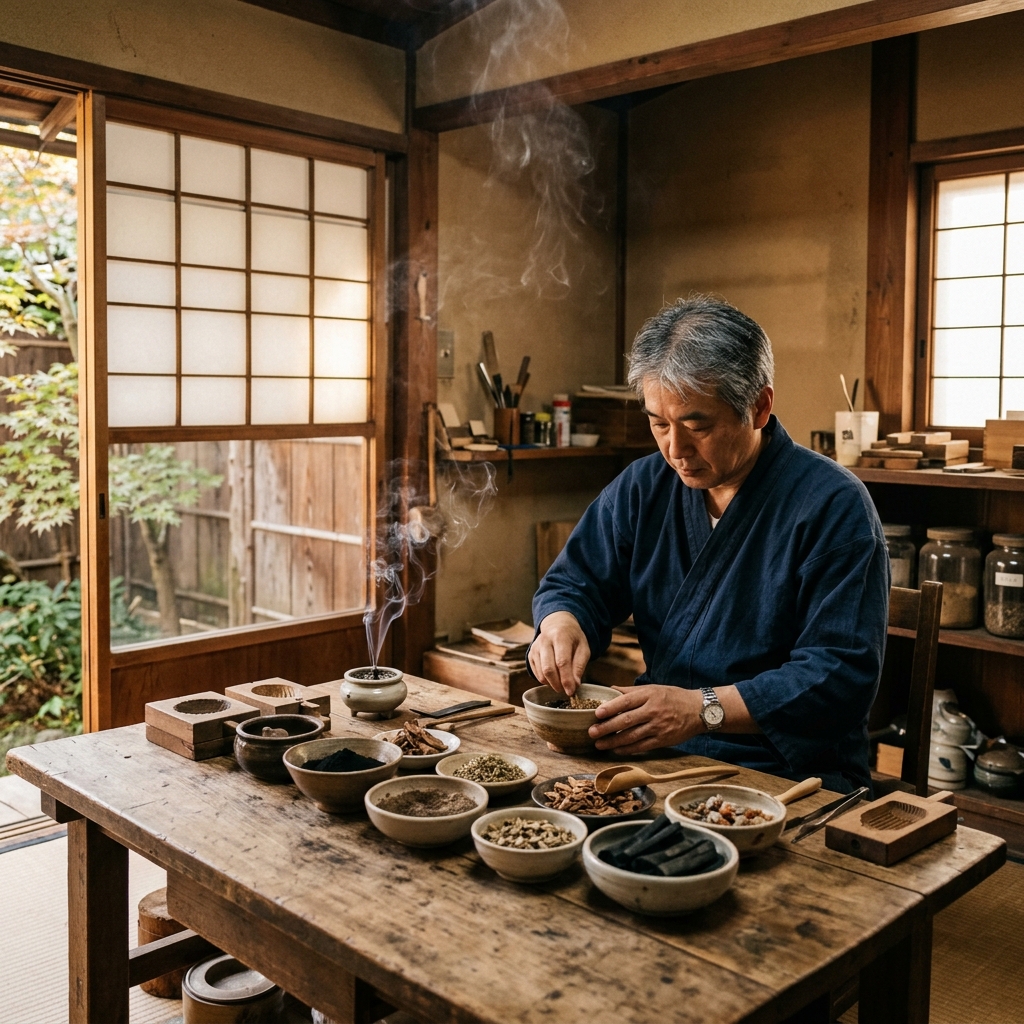 Artisan crafting incense in traditional Fukuoka workshop